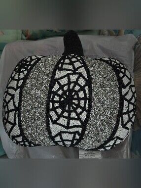 Skull & Bones Beaded Spiderweb Pumpkin Pillow - Black & Silver